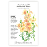 Seed packet for Snapdragon DoubleShot Peach with botanical illustration and botanical information.
