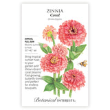 Coral Zinnia seed packet with pink flowers and botanical details on a white background