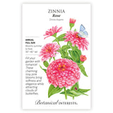 Rose Zinnia seed packet with botanical illustration and botanical information on a white background