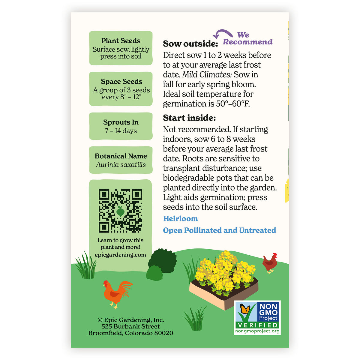 Basket of Gold seed packet with growing instructions and QR code on a white background