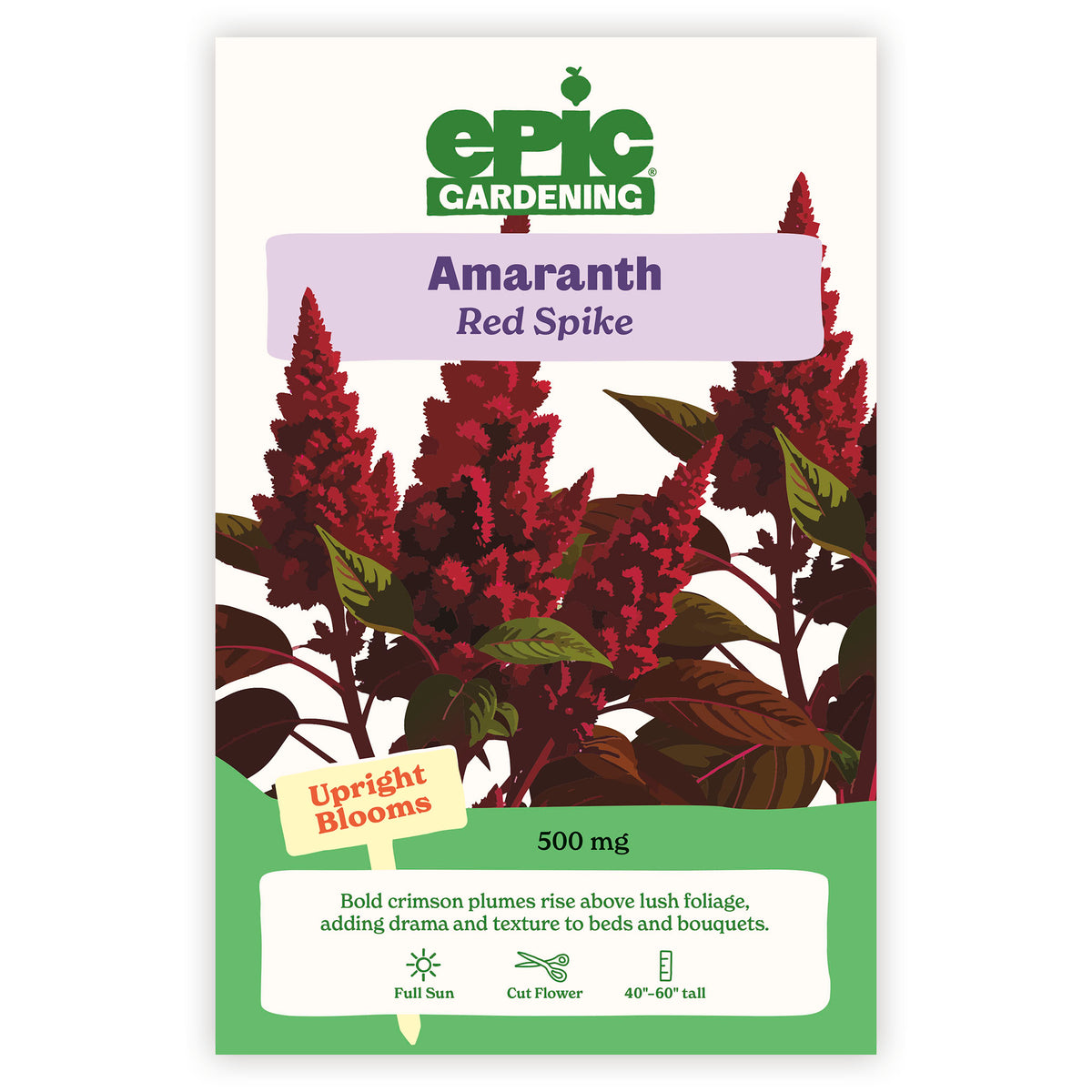 Amaranth Red Spike seed packet with Epic Gardening branding on a white background