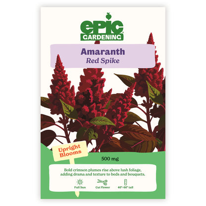 Amaranth Red Spike seed packet with Epic Gardening branding on a white background