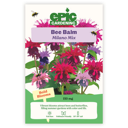 Epic Gardening Bee Balm Milano Mix seed packet with colorful flowers and bee illustration on a white background