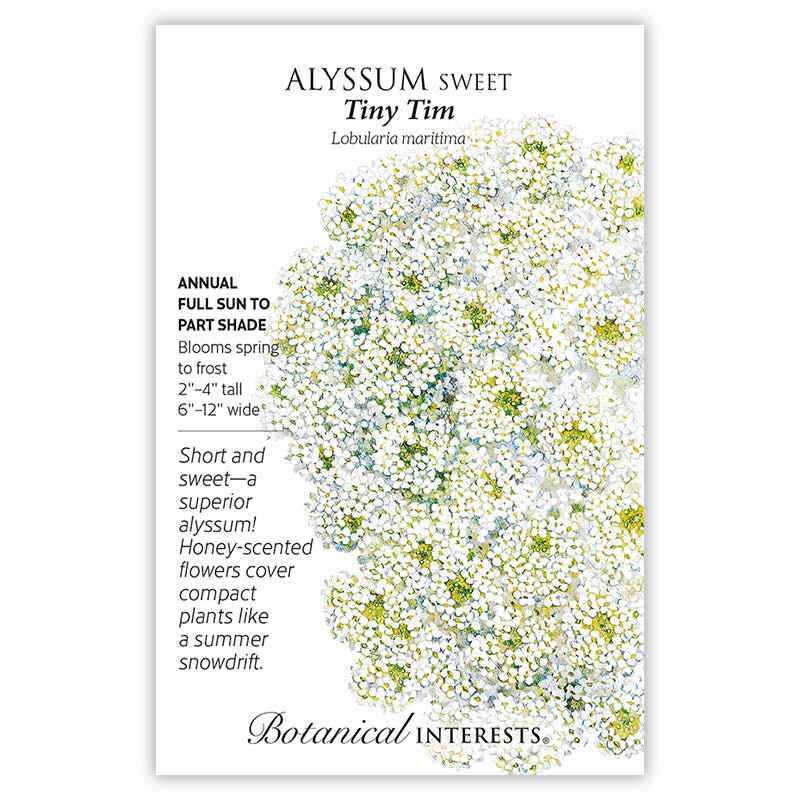 Seed packet for Sweet Alyssum 'Tiny Tim' featuring an illustration of a dense cluster of tiny white flowers with yellow-green centers, alongside printed text noting it's an annual for full sun to part shade, blooming spring to frost, growing 2-4 inches tall and 6-12 inches wide, with a description praising its honey-scented, compact, snowdrift-like blooms.