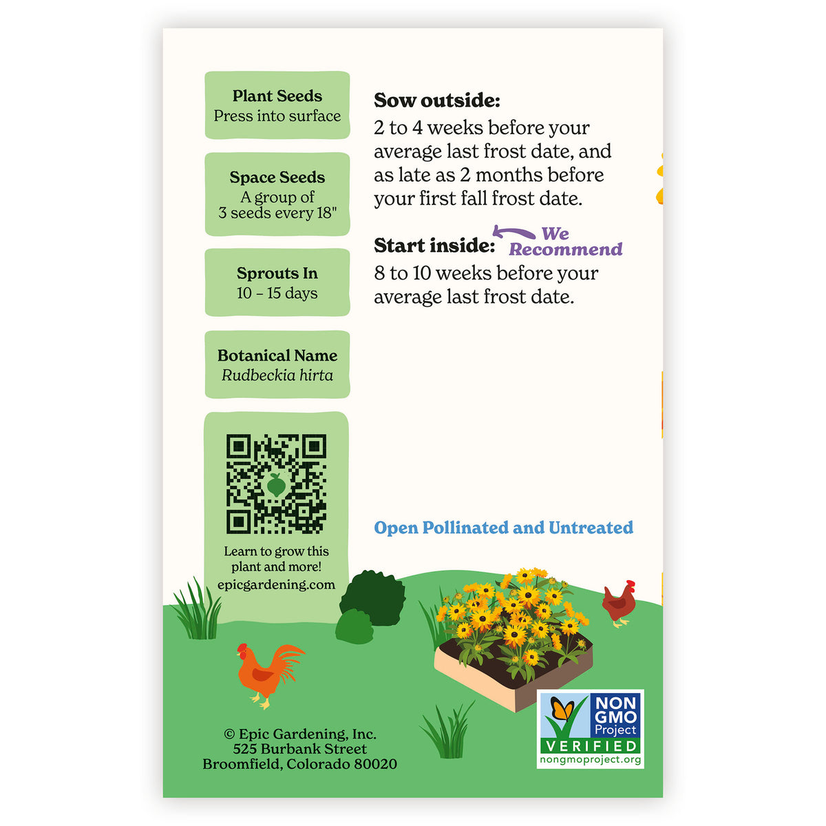 Goldilocks Black Eyed Susan seed packet with growing instructions and QR code on a white background