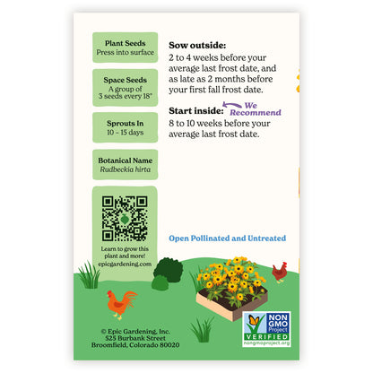 Goldilocks Black Eyed Susan seed packet with growing instructions and QR code on a white background
