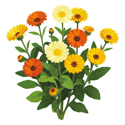 Illustration of Fiesta Gitana Calendula orange and yellow flowers with green leaves on a white background