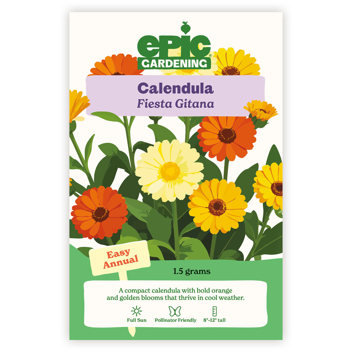 Epic Gardening Fiesta Gitana Calendula seed packet on a white background
