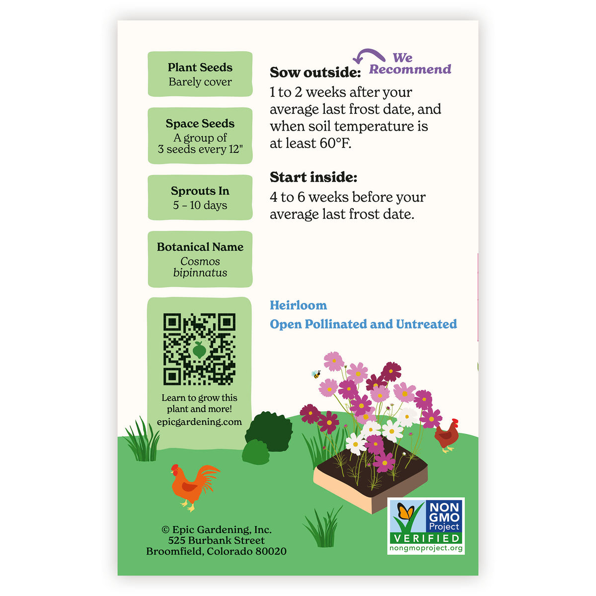 Cosmos Sensation Blend send packet with plant information and QR code on a white background