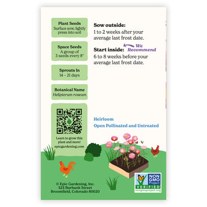 Paper Daisy seed packet with gardening instructions and QR code on a white background