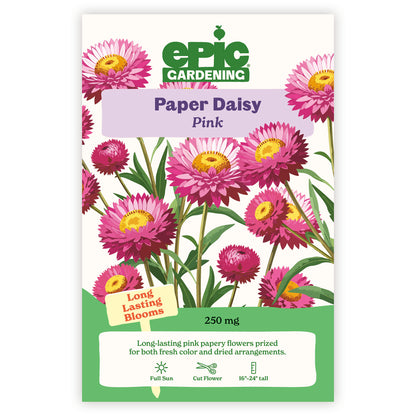 Epic Gardening Paper Daisy Pink seed packet with illustrations of pink flowers on a white background