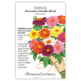 Botanical Interests seed packet for Decorative Double Blend Dahlia, illustrated with a tied bouquet of double-petaled blooms in purple, pink, yellow, orange, red and white, alongside growing details noting full sun, 5-foot height, and summer-to-frost blooming.