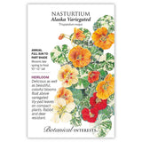 Seed packet for Alaska Variegated Nasturtium featuring an illustration of orange, yellow, and red blooms above green-and-white mottled lily-pad leaves, with text noting it's a heirloom annual, full sun to part shade, 10–12 inches tall, blooming late spring to frost, and resistant to rabbits and deer.