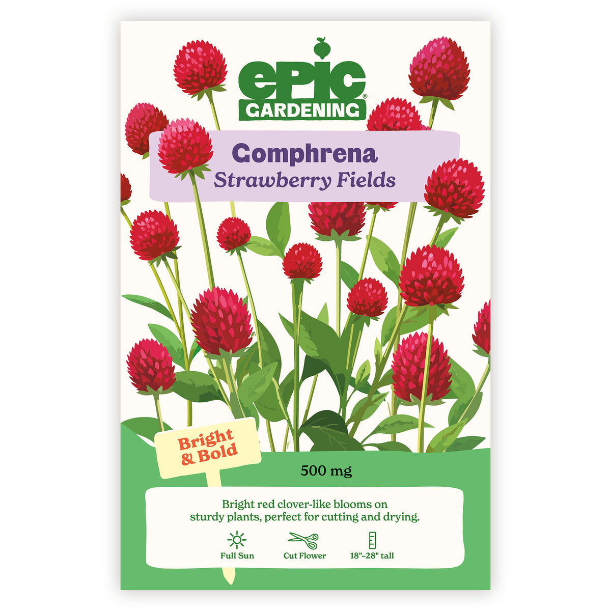 Epic Gardening Comphrena Strawberry Fields seed packet with red flowers and green leaves on a white background
