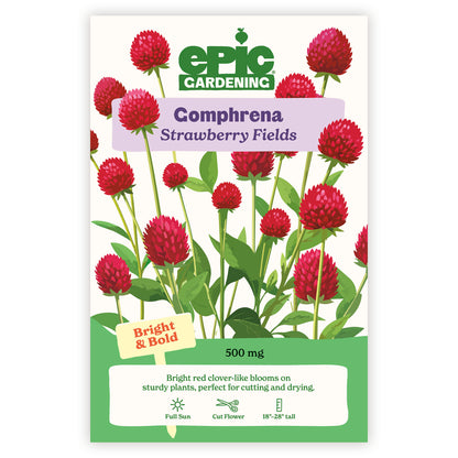 Epic Gardening Comphrena Strawberry Fields seed packet with red flowers and green leaves on a white background