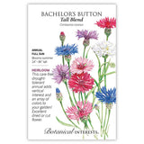 Front of an organic Botanical Interests seed packet for Tall Blend Bachelor's Button Seeds displaying heirloom description and a botanical illustration of colorful pink, purple, and blue bachelor's button flowers.