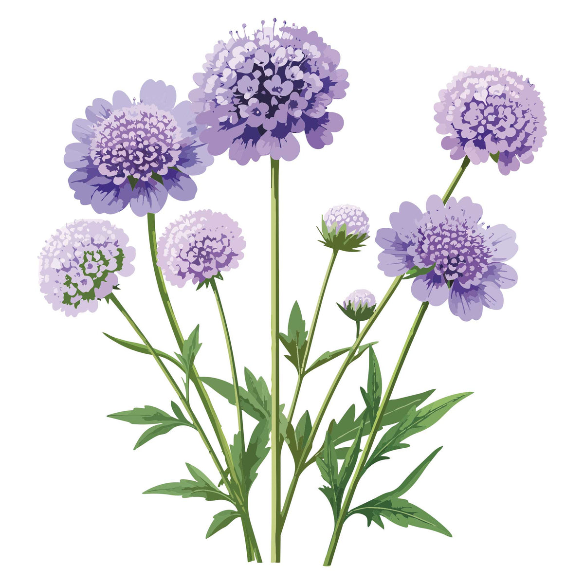 Illustration of Oxford Blue Scabiosa purple flowers with green stems and leaves on a white background