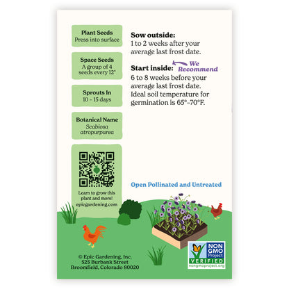 Oxford Blue Scabiosa seed packet with plant care instructions and a QR code on a white background