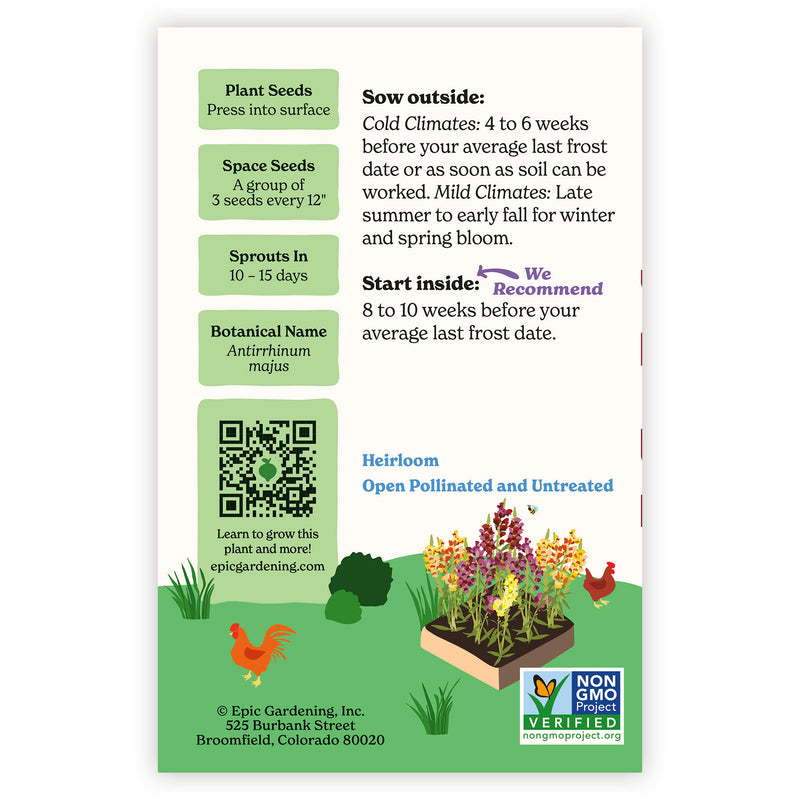 Tetra Mix Snapdragon seed packet with plant care instructions and QR code on a white background