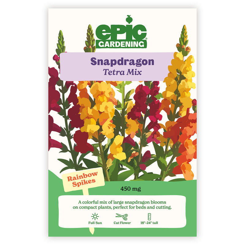 Snapdragon Tetra Mix seed packet with colorful flowers on a white background