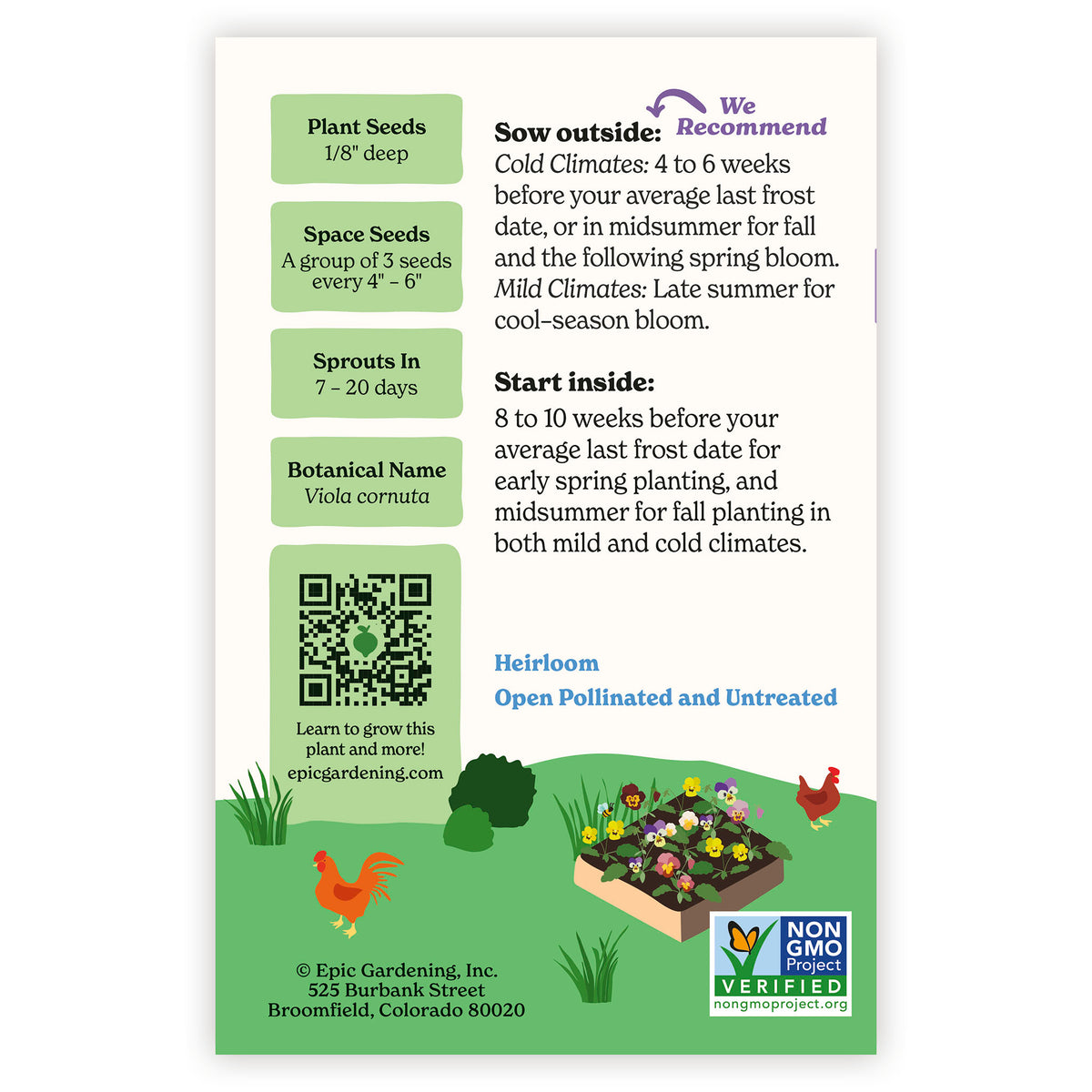 Bambini Mix Viola seed packet with growing instructions and plant information on a white background