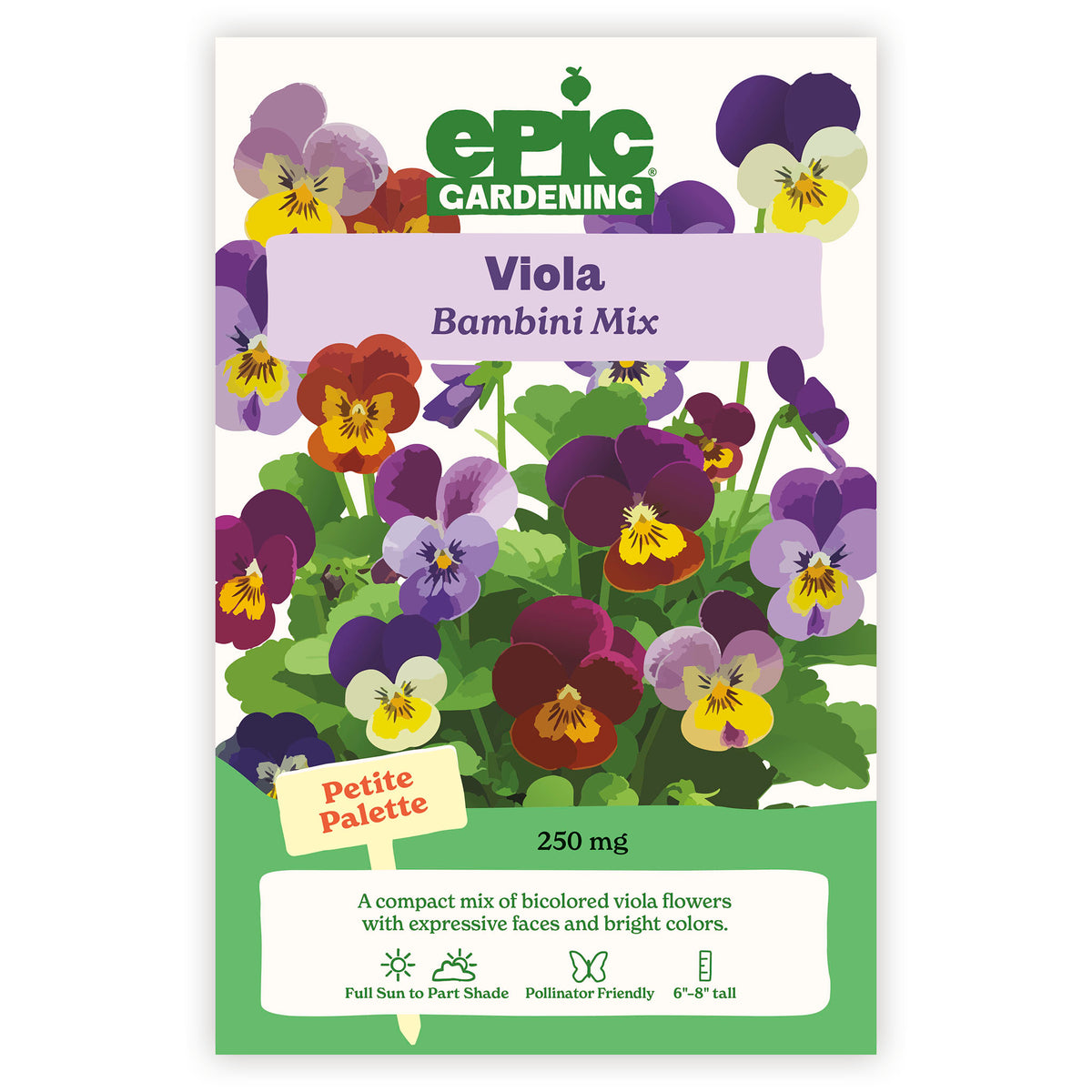 Epic Gardening Viola Bambini Mix seed packet with colorful pansy flowers on a white background