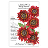 Seed packet for Rouge Royale Sunflower showing an illustration of five deep red, velvety blooms with dark centers on tall stems, with printed text noting it's an annual, full sun, blooming summer to frost, growing 4'-6' tall, and bred pollen-free for cut flowers.