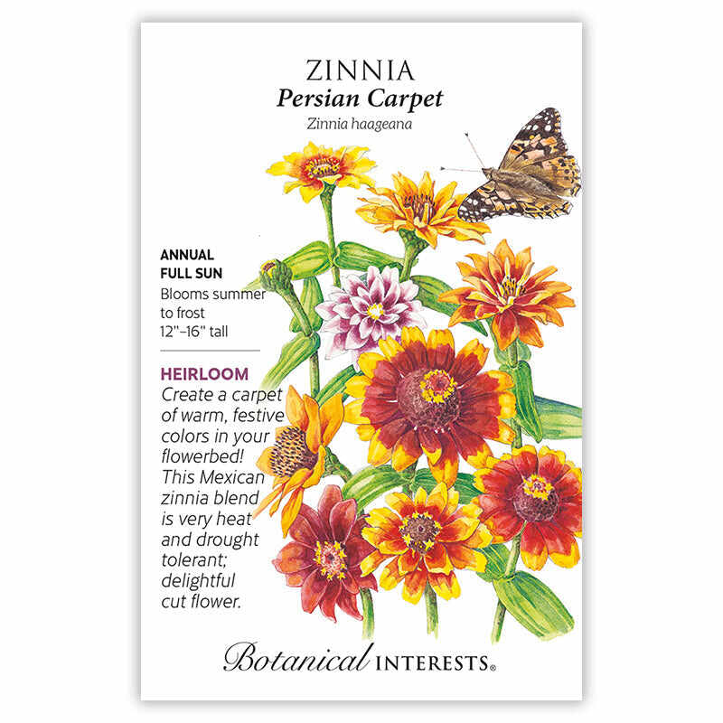 Seed packet with botanical information for Zinnia Persian Carpet with colorful flowers and butterfly illustration on a white background.