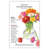 Front of an organic Botanical Interests seed packet for Cut and Come Again Zinnia Seeds displaying product details and botanical illustration of colorful zinnias in a glass vase.