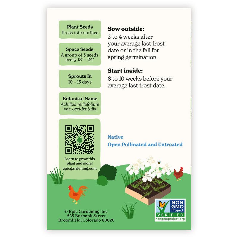 Seed packet with growing instructions and QR code on a white background