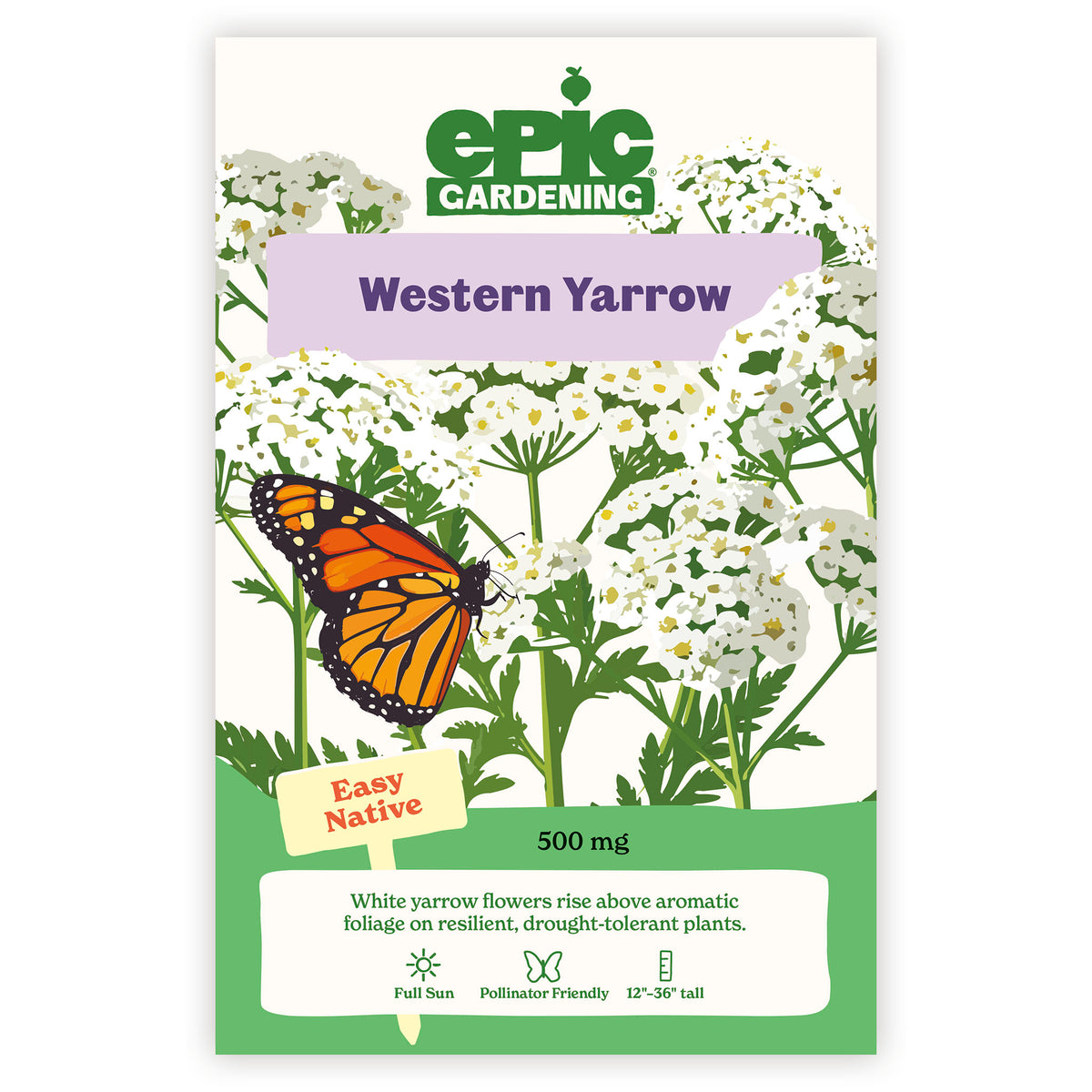 Epic Gardening Western Yarrow seed packet with butterfly illustration on a white background