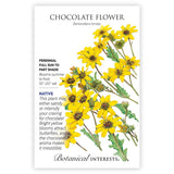 Botanical Interests Chocolate Flower seed packet illustrated with clusters of yellow daisy-like blooms with dark centers on branching stems, printed text noting it's a native perennial for full sun to part shade, blooming summer to frost, 10 to 20 inches tall.