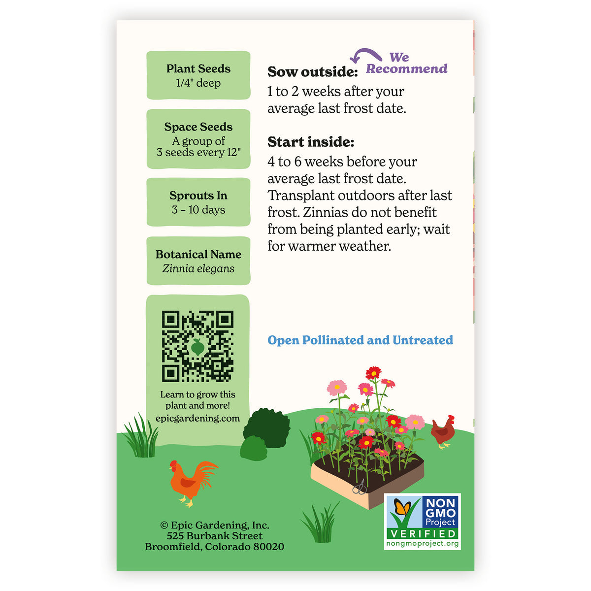 Salmon Queen Zinnia seed packet with gardening instructions and QR code on a white background