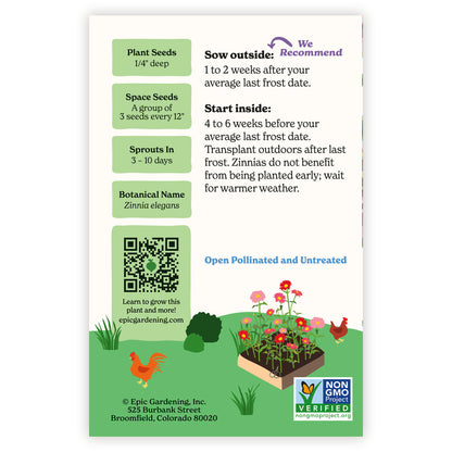 Salmon Queen Zinnia seed packet with gardening instructions and QR code on a white background