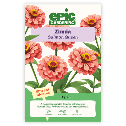Epic Gardening Zinnia Salmon Queen seed packet with pink flowers on a white background