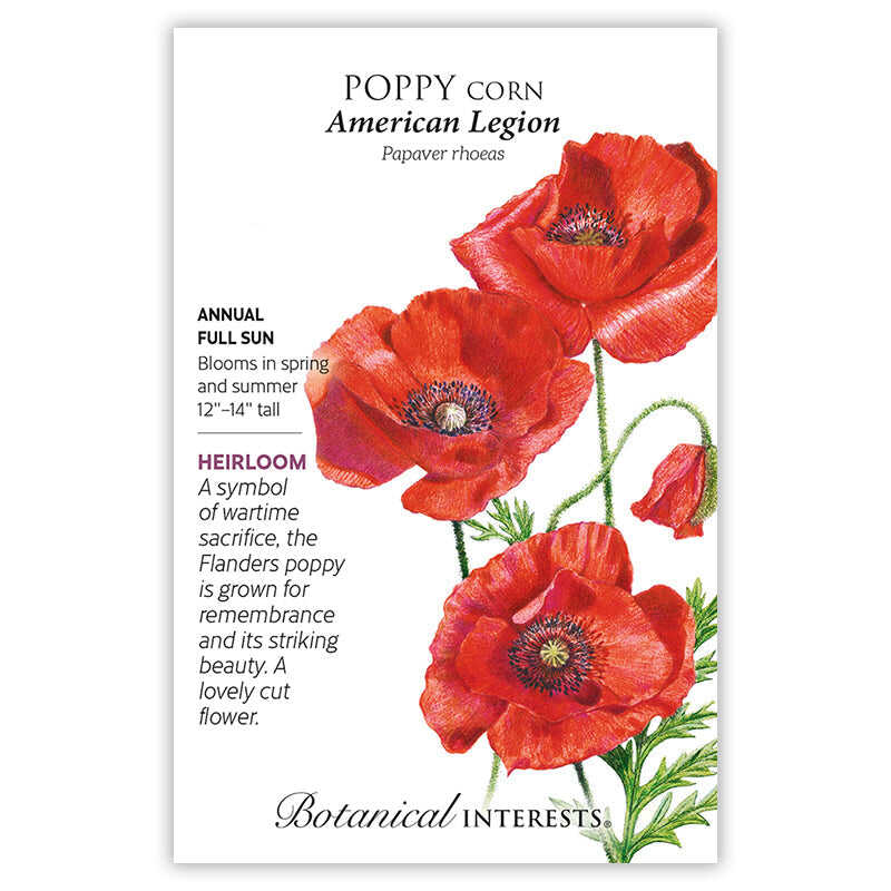 Seed packet for American Legion Corn Poppy featuring an illustration of three ruffled red flowers with dark centers and a bud, alongside text noting it's a heirloom annual for full sun, blooming spring and summer at 12–14 inches tall, prized as a remembrance flower and cut bloom.