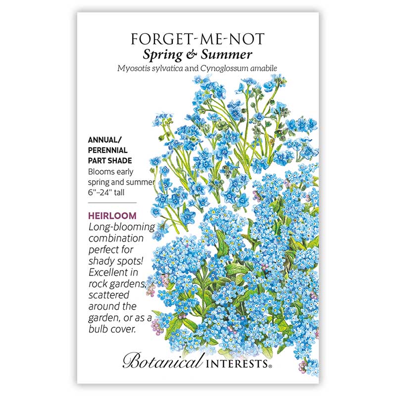 Botanical Interests seed packet for Spring & Summer Forget-Me-Not, illustrated with clusters of small blue five-petaled flowers with yellow centers on branching green stems, alongside text noting it's an heirloom annual/perennial for part shade, blooming early spring and summer at 6