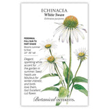 Seed packet for Echinacea White Swan featuring an illustration of white daisy-like coneflowers with domed orange-green centers on tall green stems, with text noting it's a perennial for full sun to part shade, blooming summer to frost, 24–36 inches tall, valued for cut flowers and winter interest.