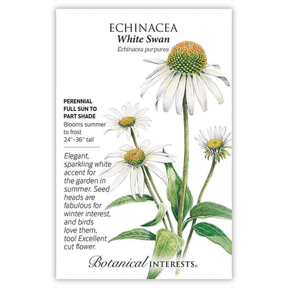 Seed packet for Echinacea White Swan featuring an illustration of white daisy-like coneflowers with domed orange-green centers on tall green stems, with text noting it's a perennial for full sun to part shade, blooming summer to frost, 24–36 inches tall, valued for cut flowers and winter interest.