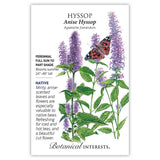 Front of an organic Botanical Interests seed packet for Anise Hyssop Seeds displaying native plant details and a botanical illustration of green leaves, lavender flower spikes, and a butterfly.