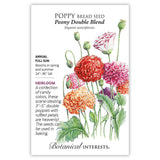 Botanical Interests seed packet for Peony Double Blend Bread Seed Poppy, illustrated with ruffled double blooms in red, pink, orange and white atop tall stems with seed pods, alongside text noting it's an heirloom annual for full sun, 24