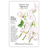 Seed packet for High Scent sweet pea illustrating ruffled pale pink and cream blossoms with yellow throats on climbing vines with tendrils and green leaves, alongside text noting it's a fragrant annual for full sun to part shade, blooming spring through summer on 6 to 8 foot vines.