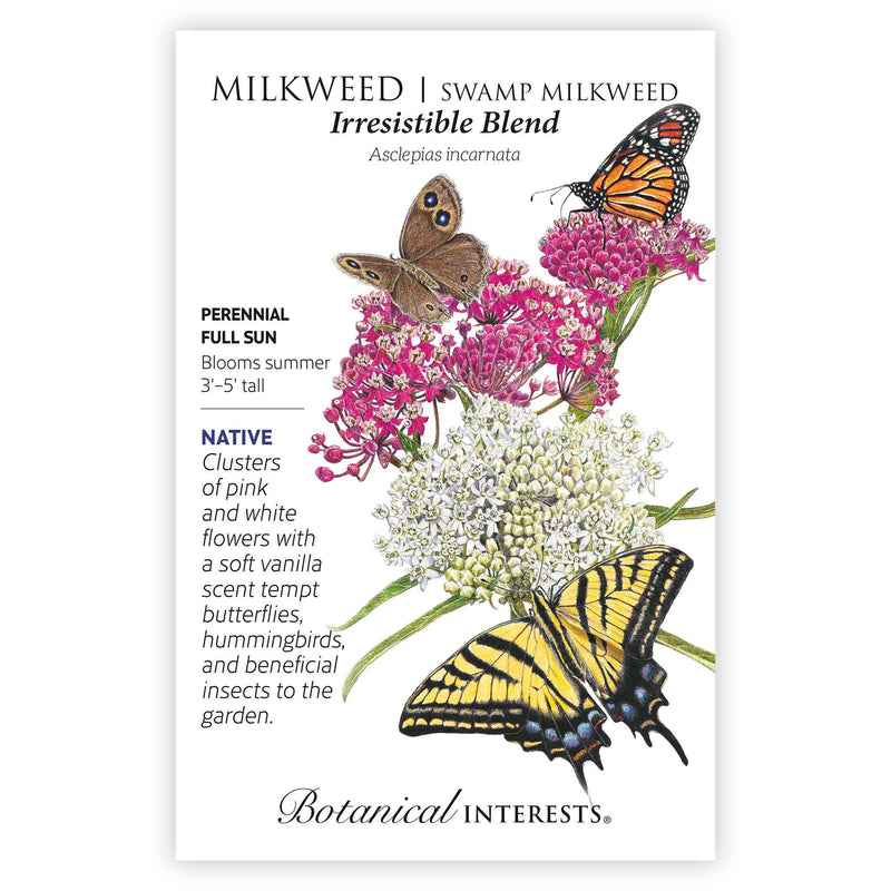 Seed packet for Irresistible Blend Swamp Milkweed featuring an illustration of pink and white flower clusters visited by a monarch butterfly, a swallowtail butterfly, and a brown satyr butterfly, with text noting it's a native perennial for full sun, blooming summer at 3'-5' tall.