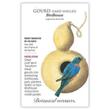 Seed packet for Hard-Shelled Birdhouse Gourd illustrating a tan, curved-neck gourd with a round entry hole and a blue bunting bird perched beside it, with text noting frost sensitivity, a 95-110 day growing period, and heirloom status.