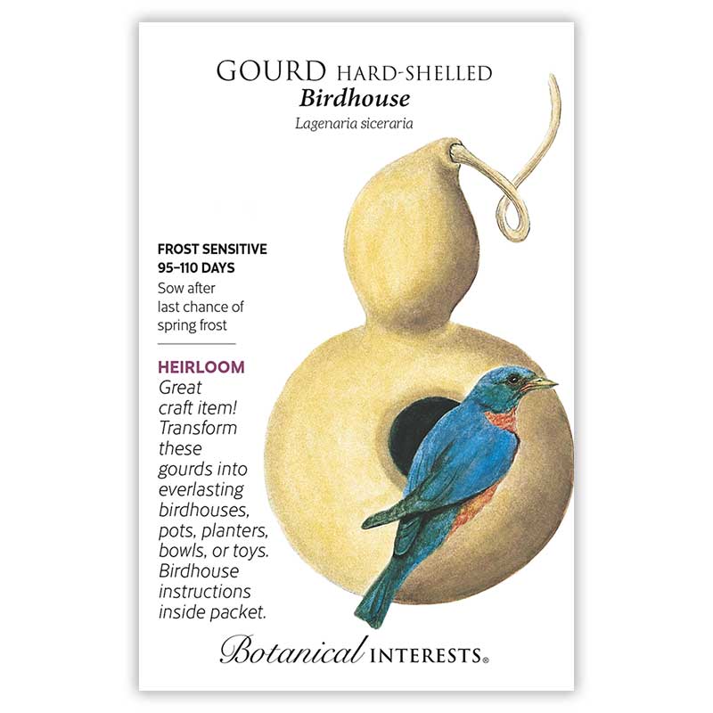 Seed packet for Hard-Shelled Birdhouse Gourd illustrating a tan, curved-neck gourd with a round entry hole and a blue bunting bird perched beside it, with text noting frost sensitivity, a 95-110 day growing period, and heirloom status.