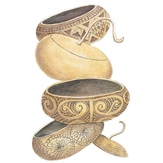 Illustration of four dried hard-shelled gourds stacked and staggered, two carved with intricate geometric and spiral patterns and two left plain and smooth, showing a curled stem on each.
