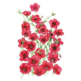 Botanical illustration of scarlet flax showing clusters of five-petaled crimson flowers with dark centers on slender branching green stems against a white background.