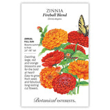 Zinnia Fireball Blend seed packet with colorful flowers and botanical information