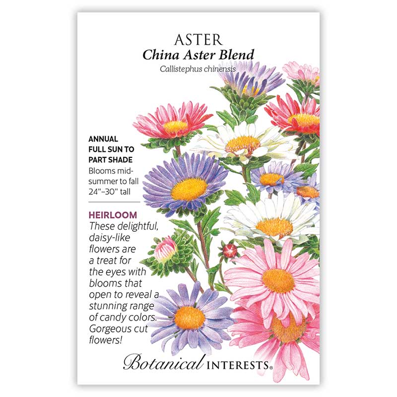 Botanical Interests China Aster Blend seed packet illustrating pink, purple, and white daisy-like blooms with yellow centers, with printed text noting it's a heirloom annual for full sun to part shade, blooming midsummer to fall at 24–30 inches tall.