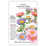 Botanical Interests seed packet for Heirloom China Aster Blend, illustrated with daisy-like blooms in pink, purple, and white with yellow centers, alongside text noting it's a full-sun to part-shade annual growing 24 to 30 inches tall and blooming midsummer to fall.